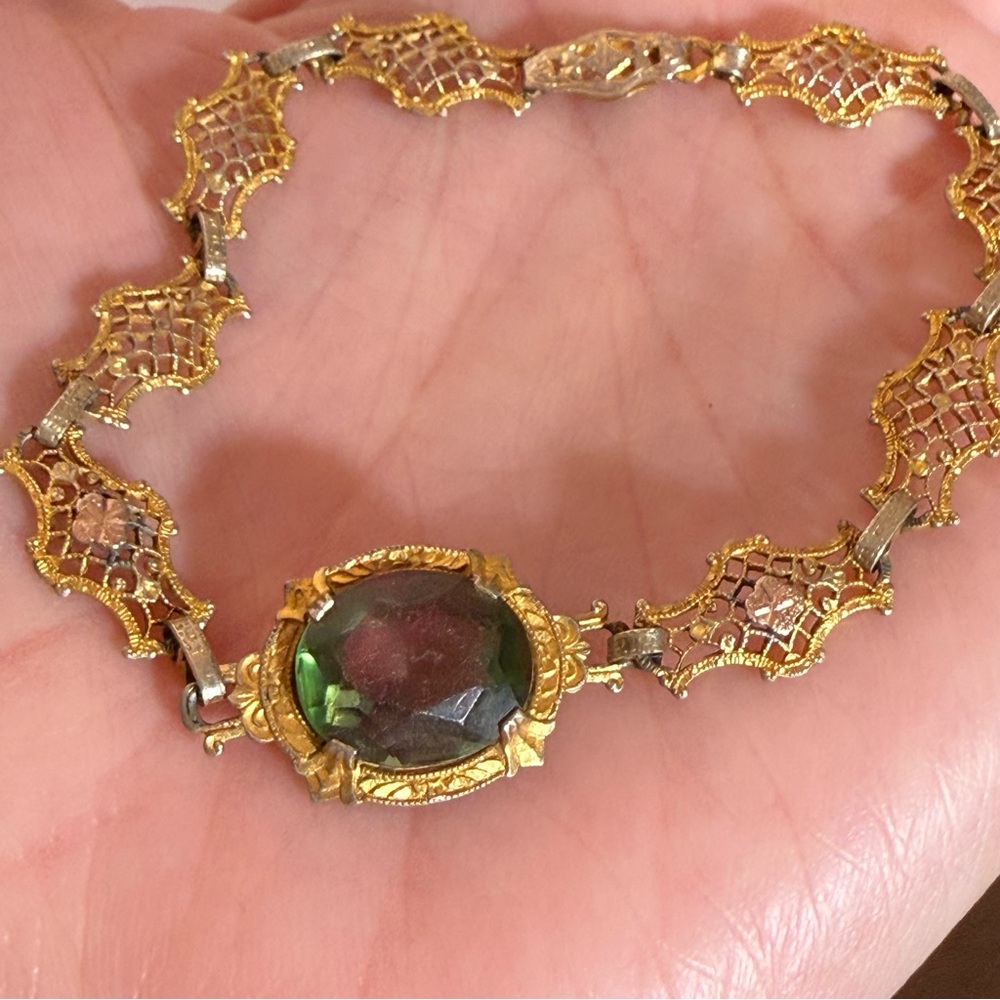 Antique Victorian Art deco Gold Filagree Green Pink iris Glass Bracelet - Picture 4 of 16